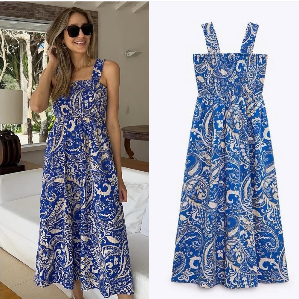 Zara Blue and Cream Paisley Maxi Dress